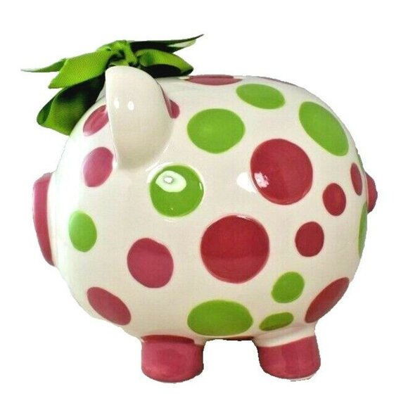 Burton + Burton Girls Pink and Green Polka Dot Piggy Bank with Bow Still Coin - Picture 4 of 6